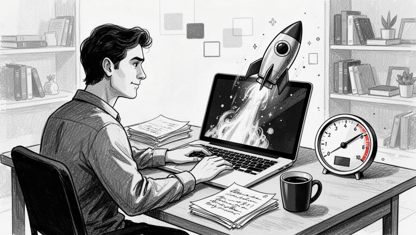 Black-and-white ink illustration of a blogger typing on a laptop with a rocket blasting from the screen to symbolize speed, accompanied by a maximum speedometer in a cozy home office.