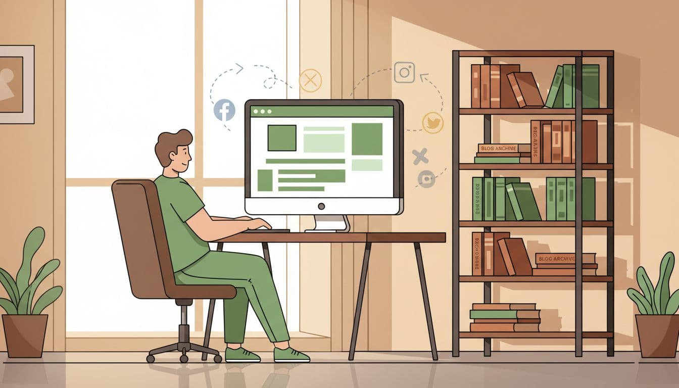 A single blogger sits relaxed at a modern desk with a simple blog editor on screen and a solid blog archive shelf, surrounded by faint fading outlines of social media icons. Modern illustration in clean shapes and warm lighting emphasizes stable blogging over volatile platforms.
