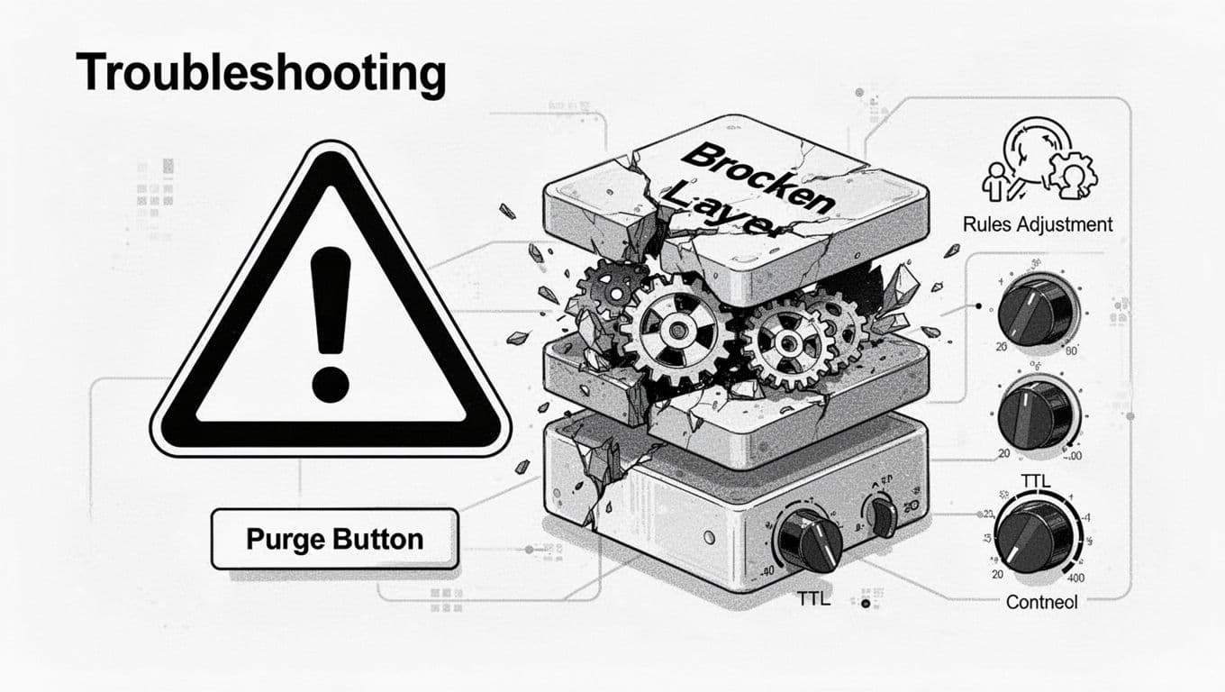 High-contrast monochrome vector illustration featuring a large warning triangle next to a broken cache layer with jammed gears, purge button, TTL control knobs, and rules adjustment icons.