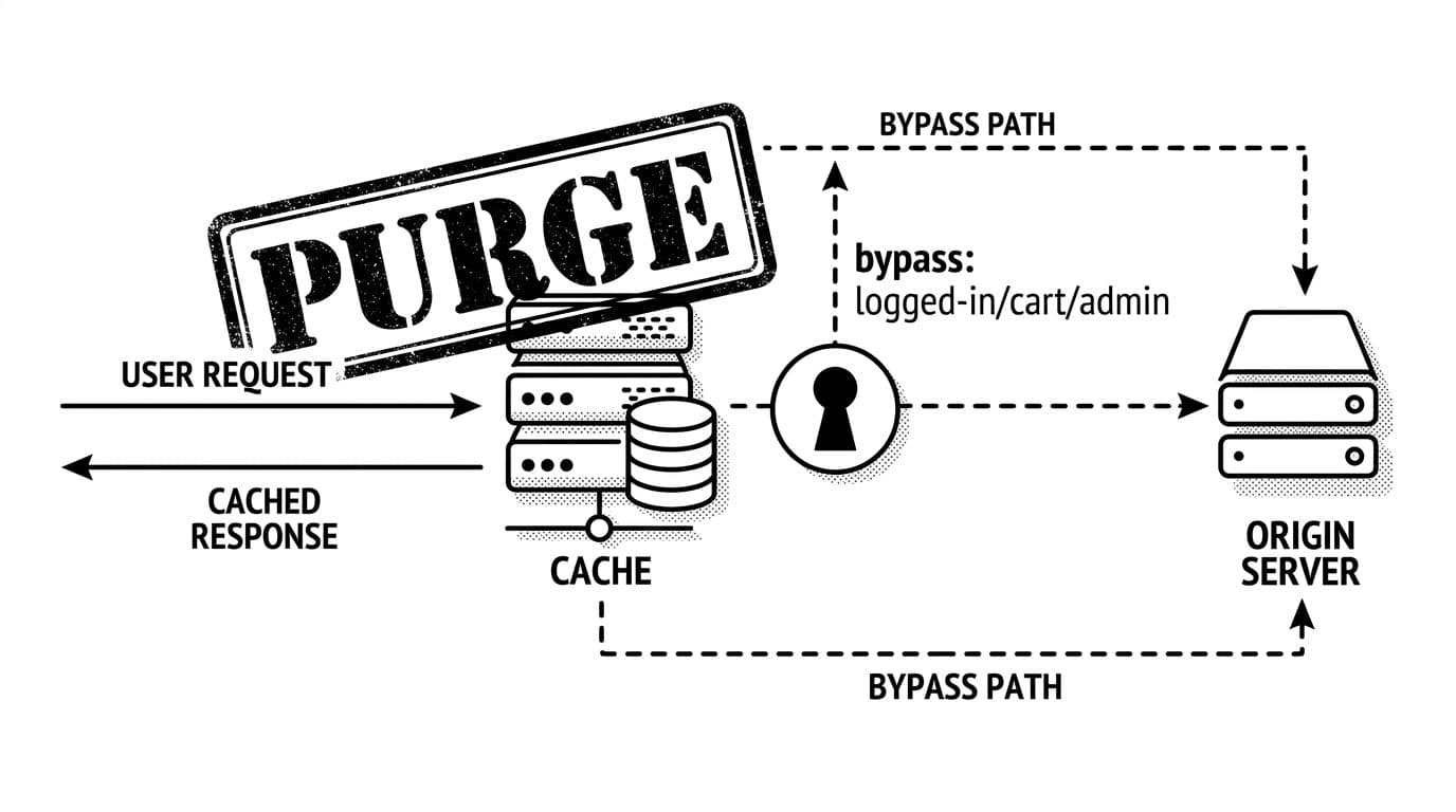 Minimalist black-and-white line art diagram featuring a central cache icon stamped with PURGE, keyhole for logged-in users, cart and admin exceptions, with arrows illustrating bypass paths.