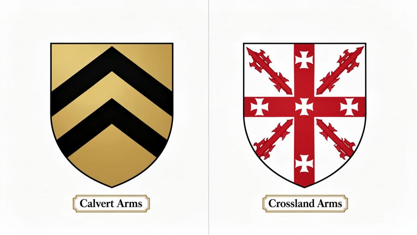 A clean, historically accurate vector-style illustration showing the Calvert family arms (gold and black chevrons on white) and Crossland family arms (red and white cross bottony on white) side by side, with labels and a museum-placard aesthetic.