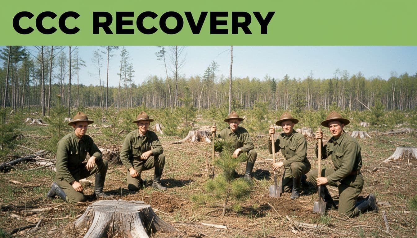 Six young Civilian Conservation Corps workers in 1930s uniforms kneel planting saplings with shovels in a cleared Michigan second-growth forest area surrounded by stumps and young pines on a sunny spring day.