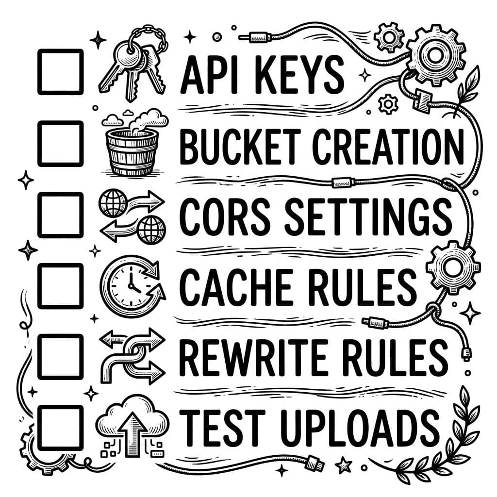 A monochrome ink drawing checklist with icons for API keys, bucket creation, CORS settings, cache rules, rewrite rules, and test uploads. Features high contrast clean linework in a woodcut engraving style with a modern whimsical technical vibe.