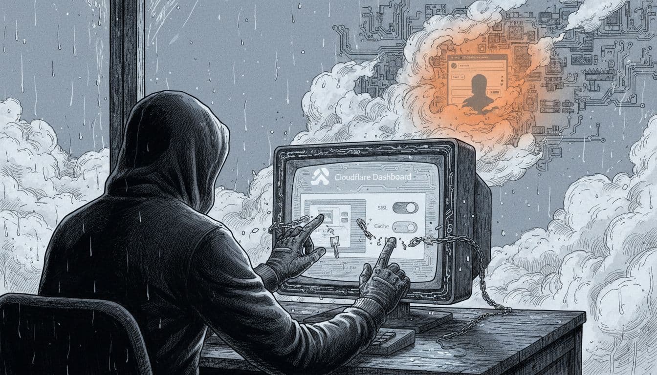 Black-and-white high-contrast illustration of a lone figure at a rainy window toggling Cloudflare SSL and cache settings on a vintage monitor, breaking redirect loop chains as a WordPress login fades in the stormy background.