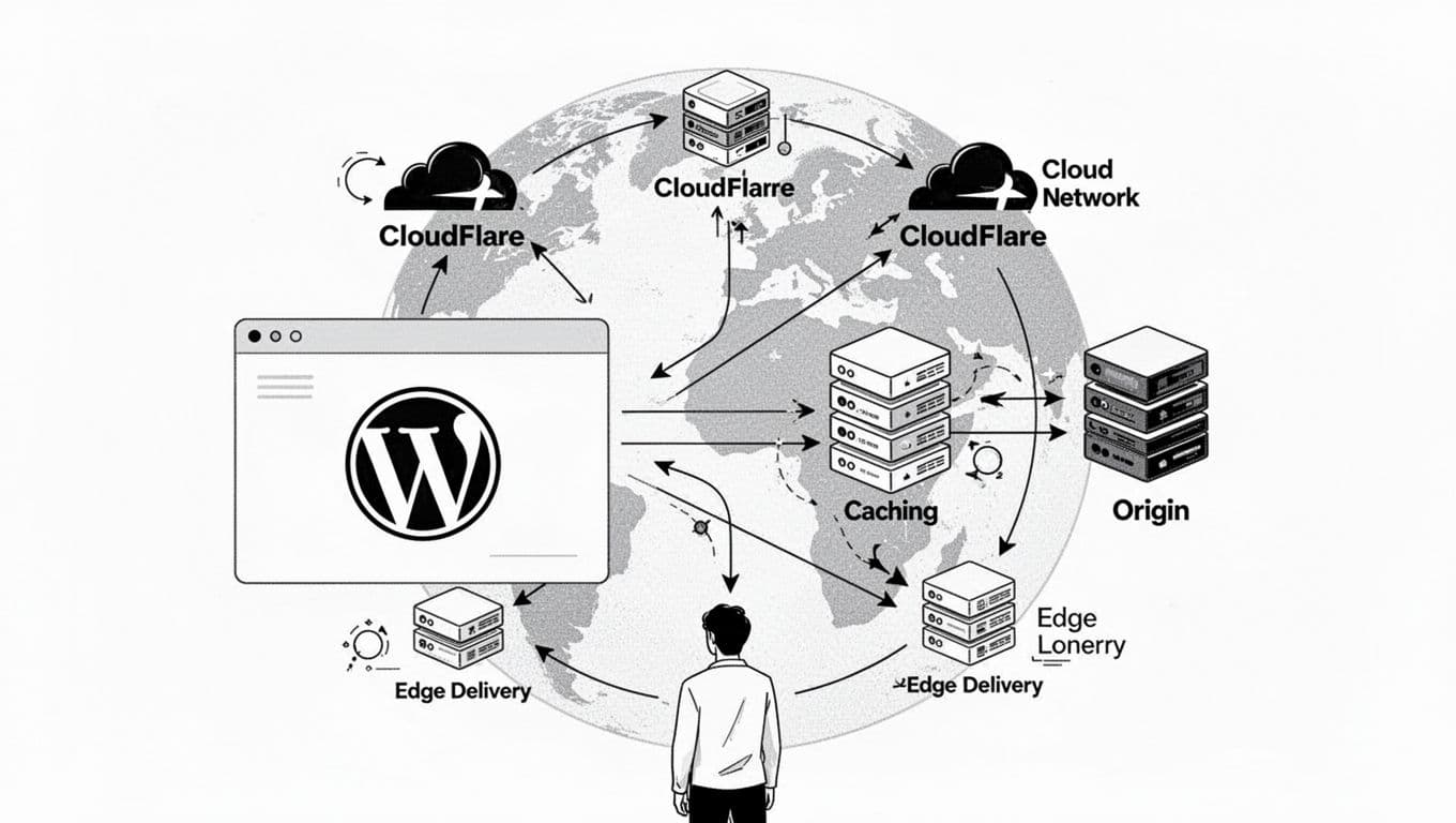 High-contrast monochrome vector illustration of a browser window sending requests through Cloudflare edge nodes around a globe outline to an origin server, with stacked caching layers and edge delivery arrows.