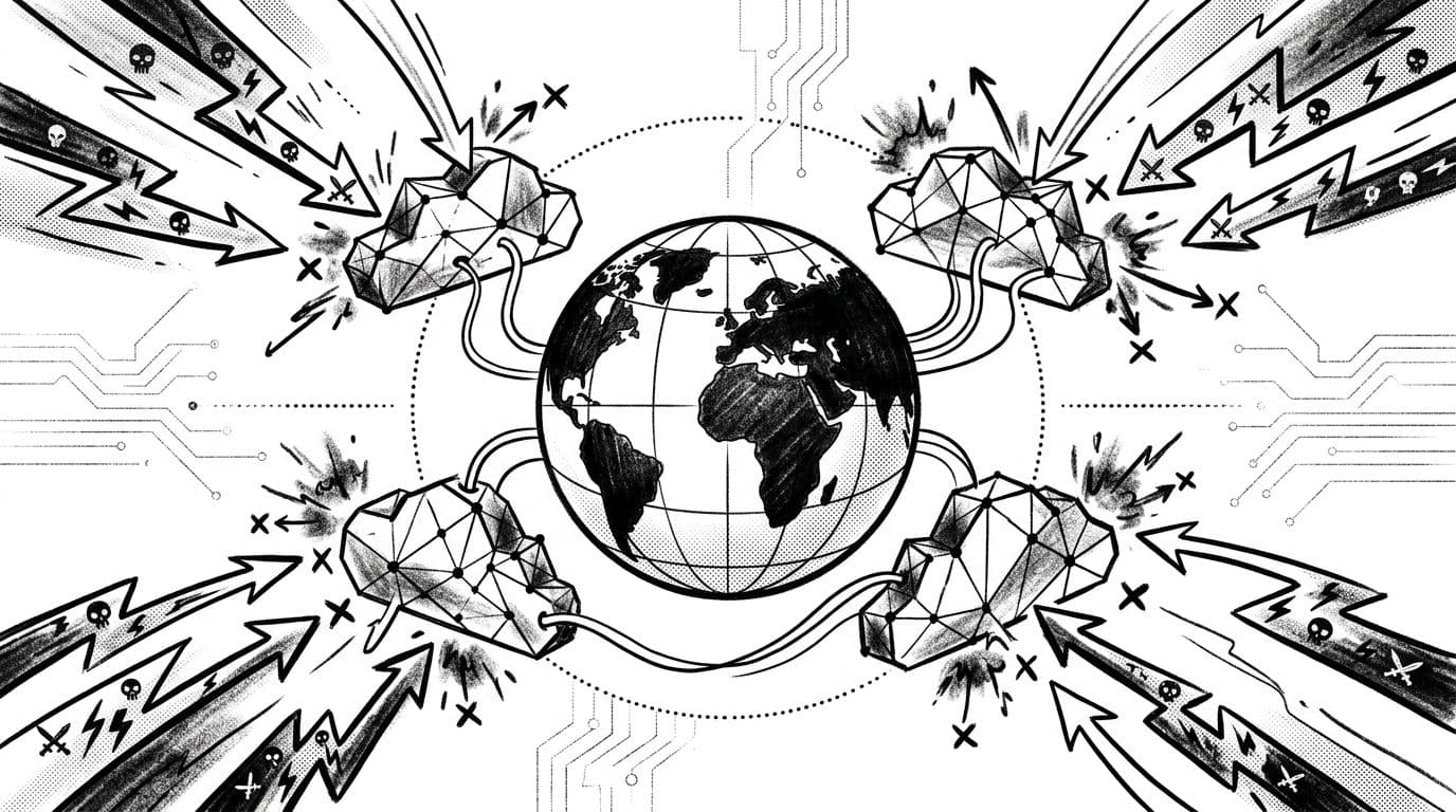 Black-and-white high-contrast ink illustration of cloud nodes surrounding a central globe in a global digital space, filtering malicious traffic with blocked arrows and attack icons, dynamic flow from edges to center in modern cybersecurity aesthetic.