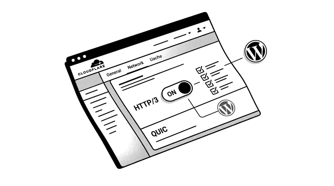 Black-and-white minimalist line art illustration of Cloudflare dashboard's Network tab with HTTP/3 toggle switched ON and subtle WordPress site icon. High-contrast ink style with bold lines, stippling shading, angled screen view on clean white background.