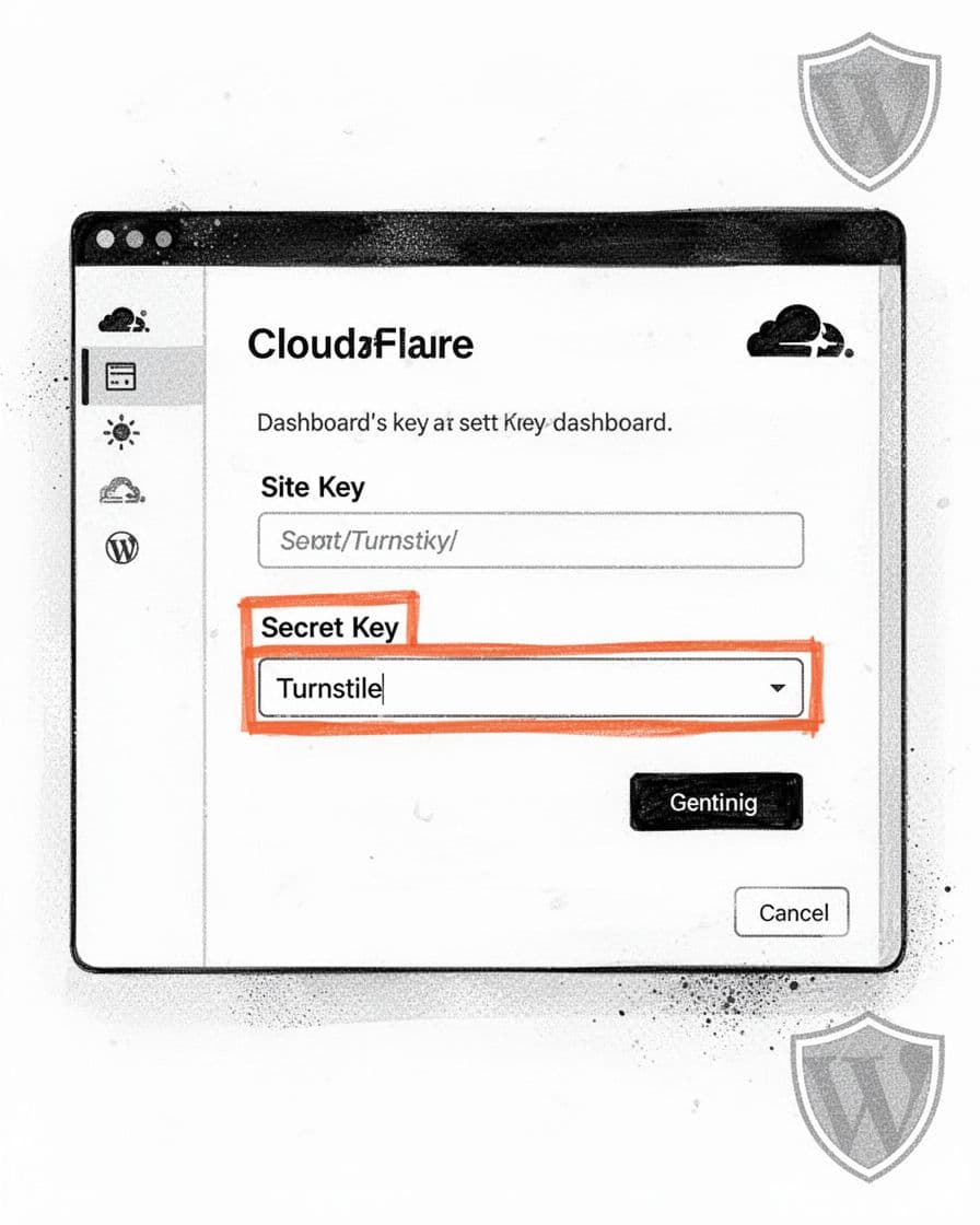 Black-and-white high-contrast ink illustration of Cloudflare dashboard highlighting Site Key and Secret Key fields for Turnstile. Minimalist monochrome line art with halftone shading, clean composition for WordPress tutorial.
