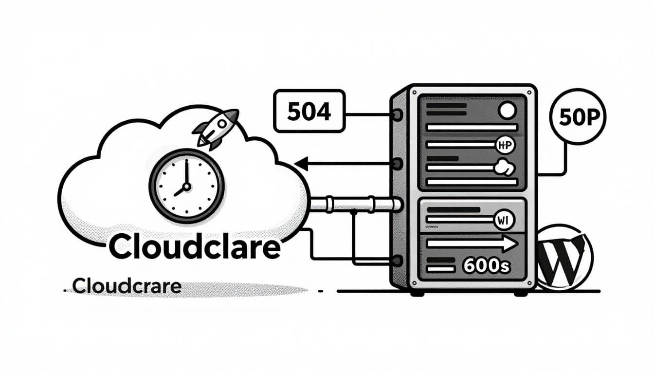 Black-and-white editorial illustration featuring Cloudflare cloud gatekeeper with timeout clock and stuck rocket loader, arrow to Nginx server with PHP pipes, proxy toggle, 600s sliders, and health check badge. Clean modern linework with WordPress W peeking through, high-contrast and technical.