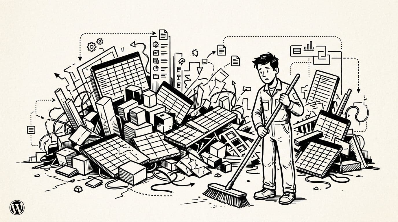 Black-and-white high-contrast ink illustration of a cluttered WordPress database grid with scattered unlabeled tables like debris piles, featuring a small WordPress logo and a careful technician holding a broom hesitantly.