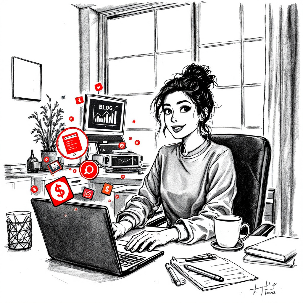 A content creator at a desk with a laptop showing audience and income analytics, money and social icons float nearby. Pencil sketch style, black and white with a subtle red accent. Image created with AI.