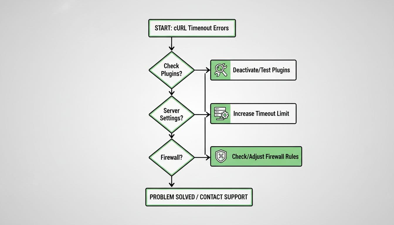 Modern step-by-step workflow diagram illustrating troubleshooting for cURL timeout errors with simple icons for plugins, server settings, and firewall, connected by arrows in a clean central flowchart.