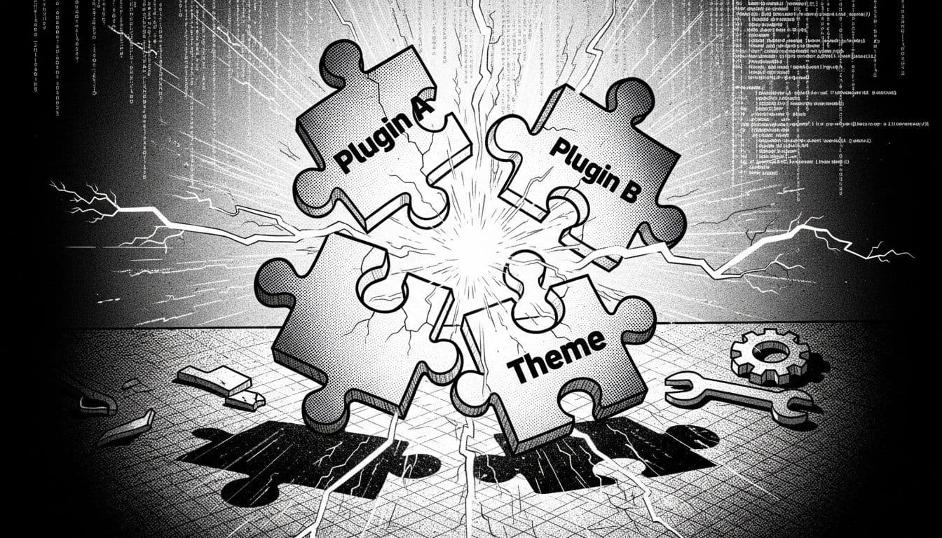 High-contrast black-and-white noir cyberpunk illustration depicting a plugin conflict as clashing puzzle pieces labeled 'Plugin A', 'Plugin B', and 'Theme' with electric sparks flying from the seams.