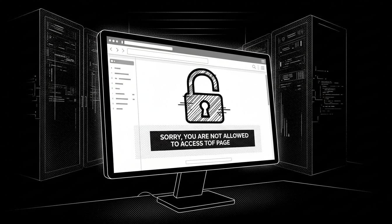High-contrast black-and-white ink and pencil illustration in noir cyberpunk style depicting a WordPress admin dashboard overlaid with a padlock icon and 'Sorry, you are not allowed to access this page' warning in a dimly lit room with shadowy server racks.