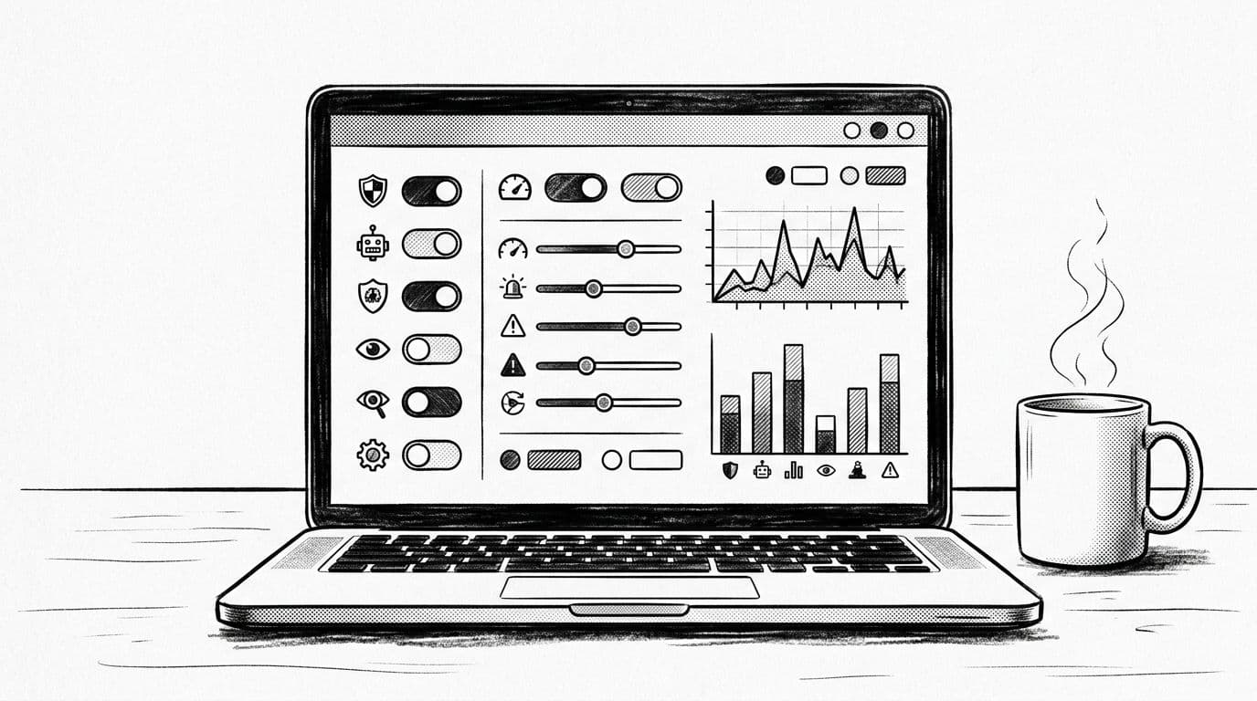 Black-and-white high-contrast ink charcoal illustration of a laptop screen displaying a cybersecurity control panel with toggle switches, sliders, graphs for firewall rules and bot protection, on a desk with coffee mug.