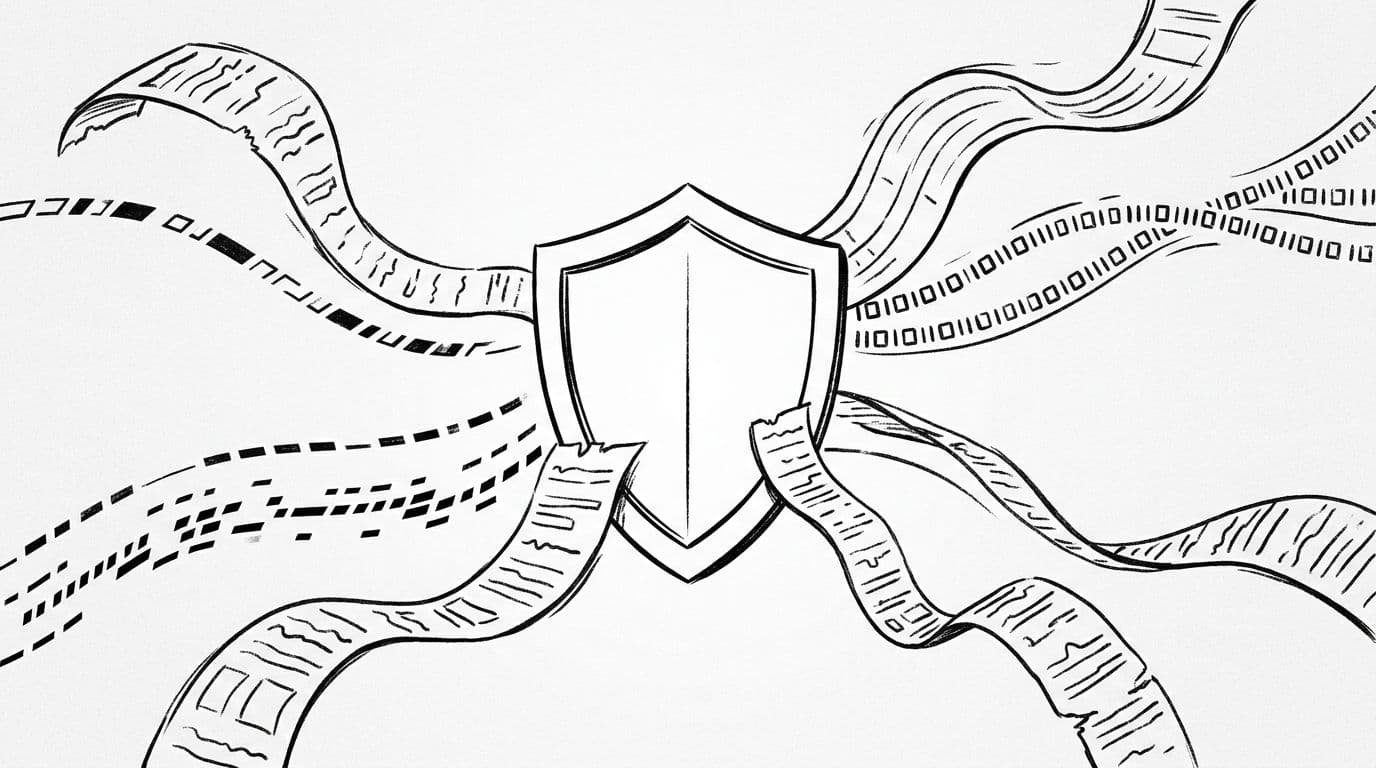 Abstract security monitoring scene with logs and events as flowing paper strips and data streams converging on a protective shield in a digital interface, in black-and-white high-contrast ink charcoal style.