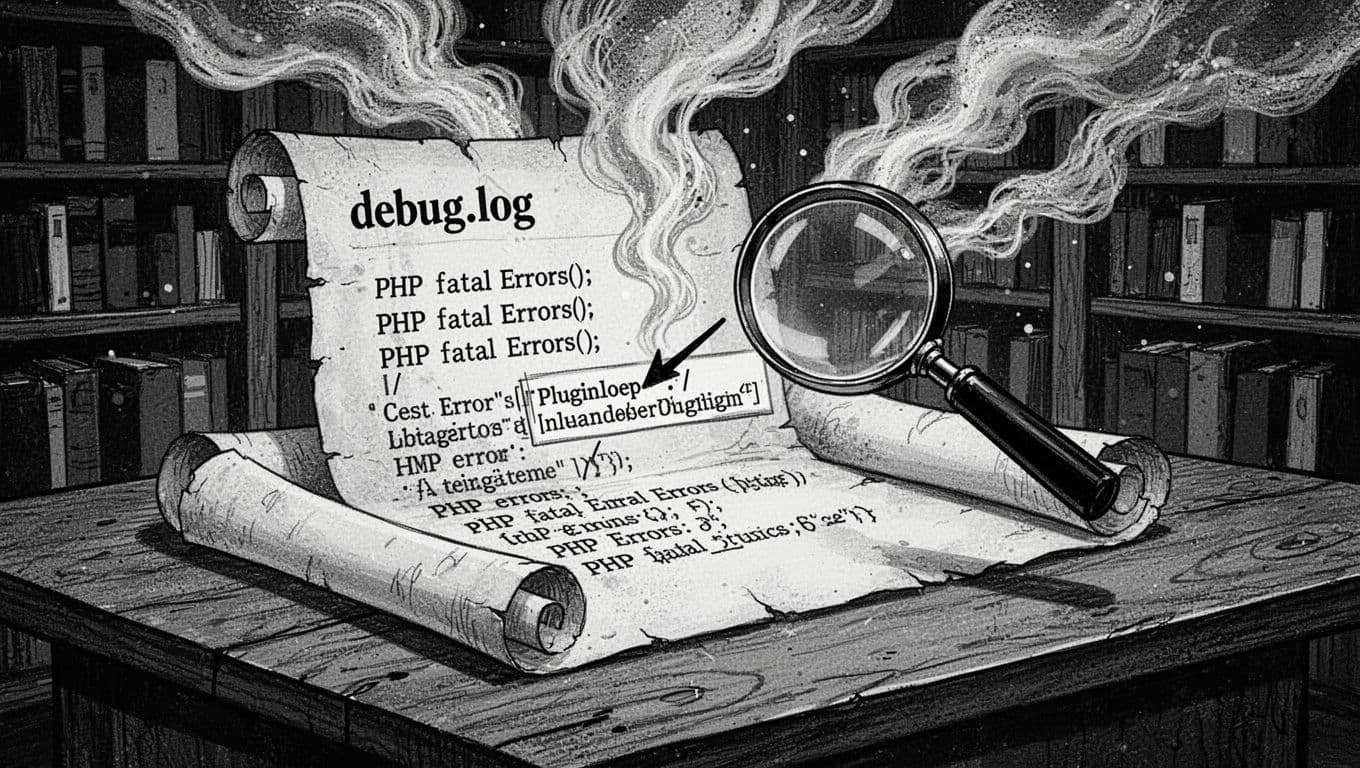 Black-and-white woodcut style illustration of an open debug.log scroll on a wooden table, with PHP fatal errors floating like smoke and a magnifying glass highlighting a plugin name.
