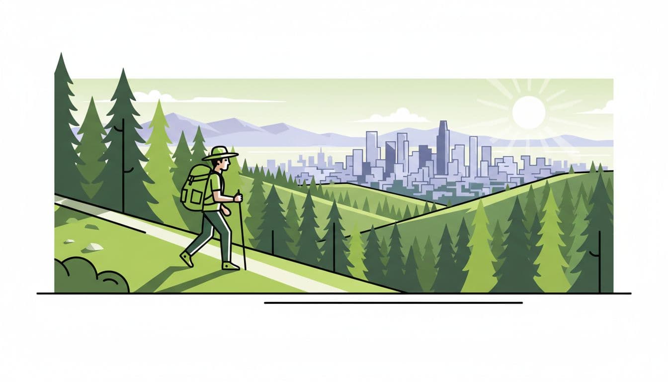 Modern illustration of a lone hiker on a sunny mountain trail in the Denver foothills, featuring pine trees, a distant city skyline, clean shapes, thick lines, and green tones with accents on the trail and backpack.