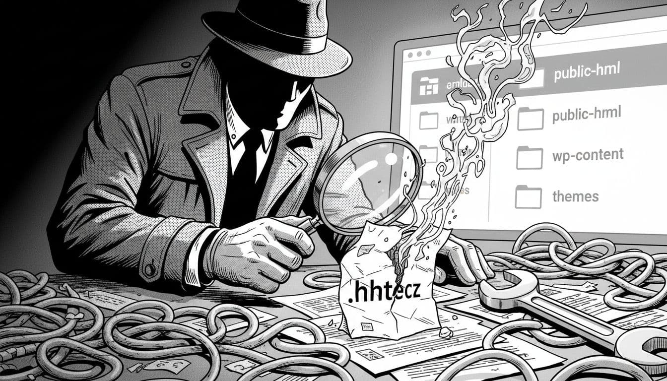 High-contrast black-and-white ink illustration depicting a trench-coated detective leaning over a desk cluttered with server cables, error logs, and a torn .htaccess file spilling broken code, with a blurred file manager screen in the background.