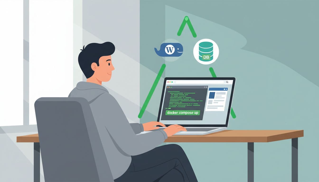 Modern illustration of a developer at a desk with a laptop running 'docker compose up' in the terminal, alongside a WordPress dashboard preview, and floating connected Docker container icons for WordPress and database.