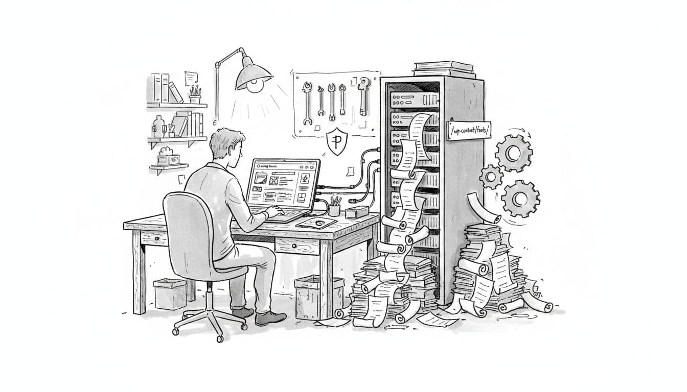 Black-and-white ink illustration of a developer at a wooden desk downloading Google Fonts files from a laptop to a server cabinet labeled '/wp-content/fonts/', with font files as stacking paper scrolls, subtle privacy shield, and turning cache gears.