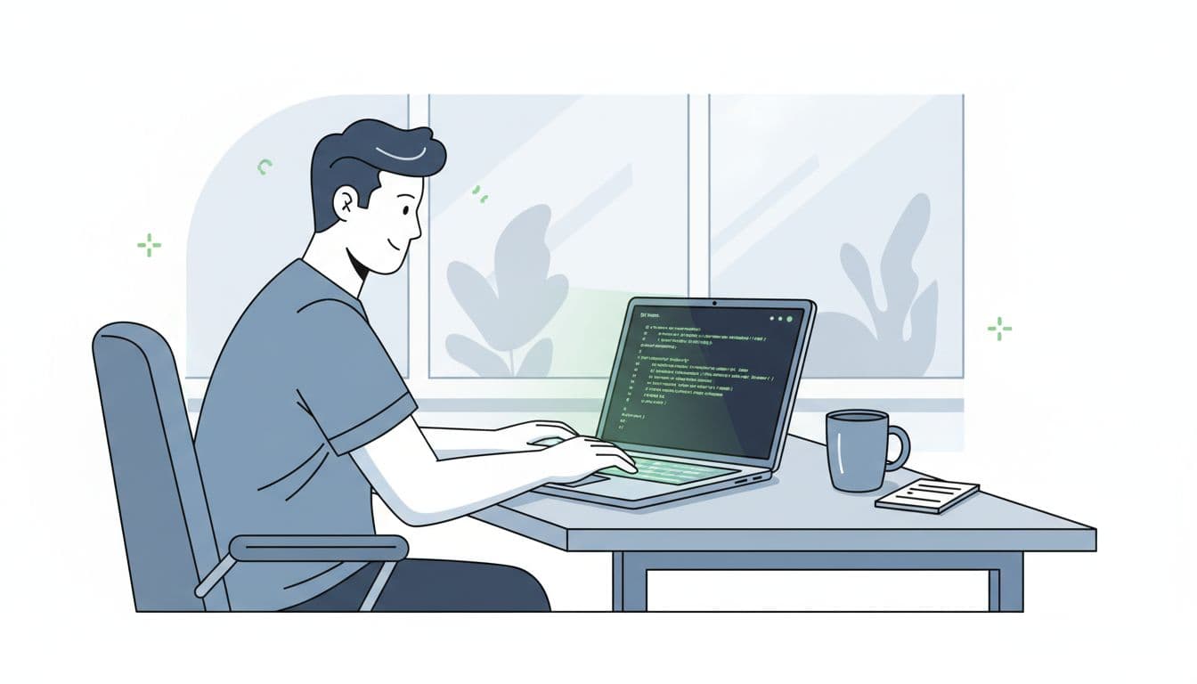 Modern illustration of a single developer at a desk, editing a PHP-FPM config file in a terminal on a laptop with vaguely visible settings like pm=dynamic and pm.max_children=50, accompanied by coffee mug and notepad under soft lighting.