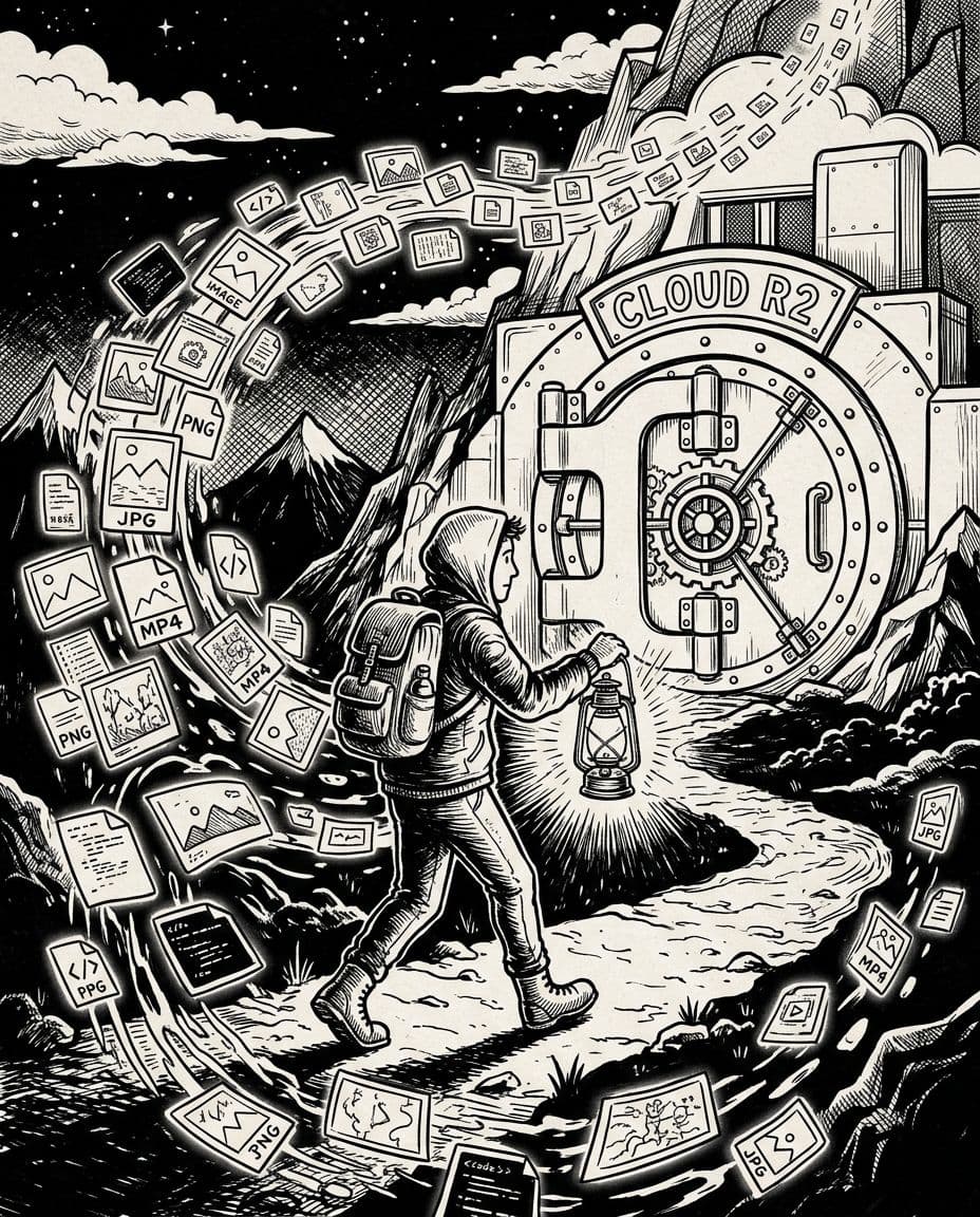 Night scene of a developer holding a lantern, walking among floating image thumbnails toward a large cloud vault door labeled R2, with media files trailing behind. Monochrome ink drawing style with high contrast clean linework.