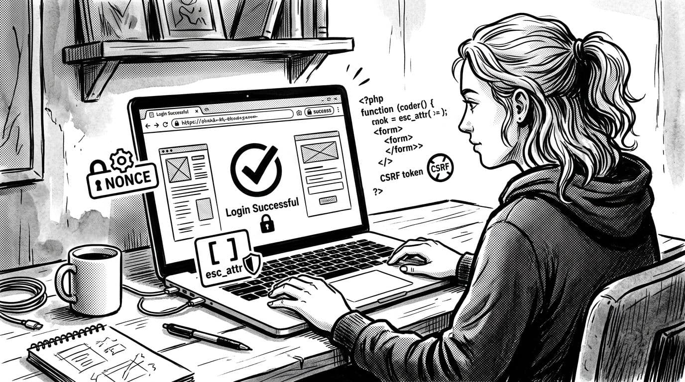 Black-and-white high-contrast ink illustration of a developer testing a custom login page on a laptop, featuring a successful login redirect with checkmark icon and floating nonce code and esc_attr security elements.