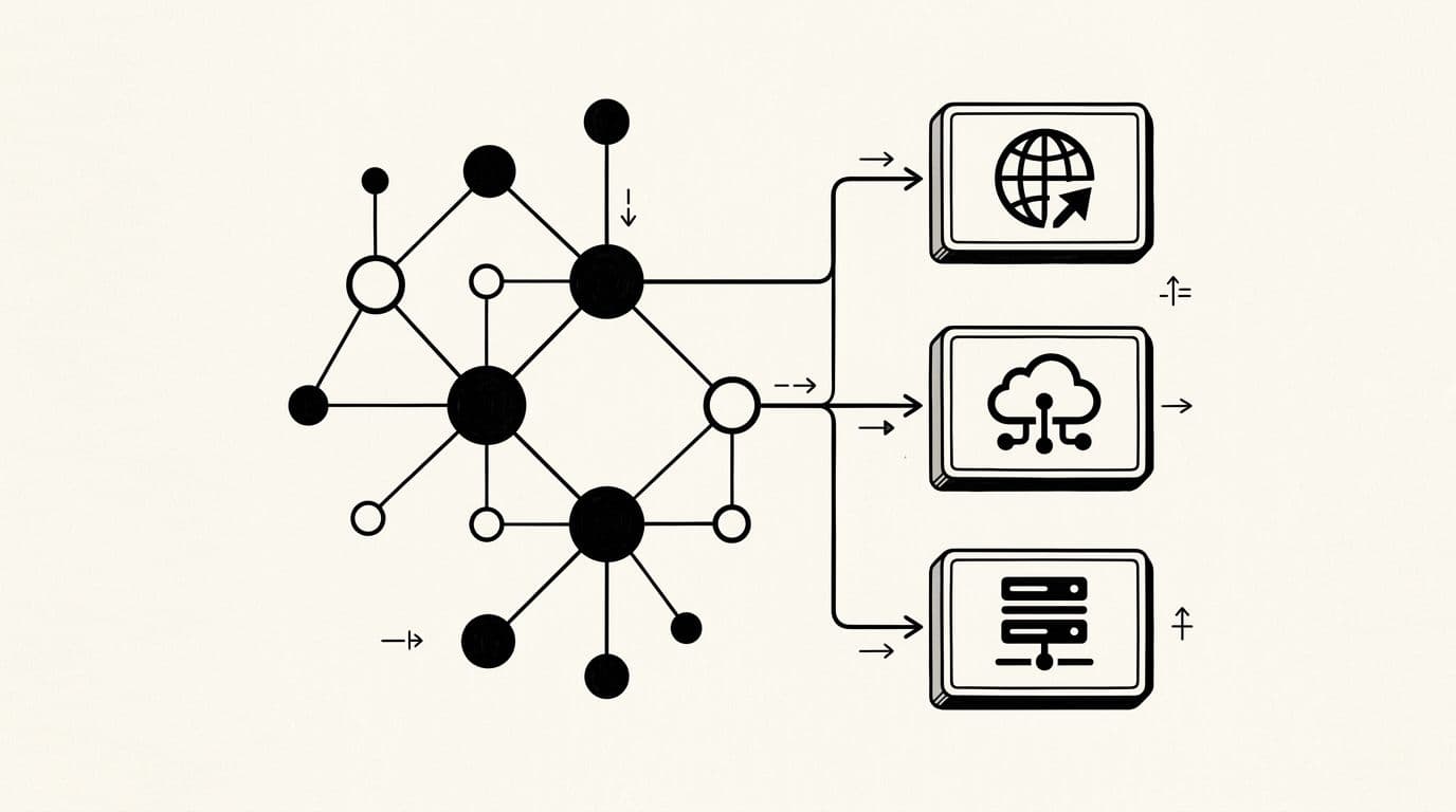 Black-and-white ink illustration showing DNS nodes as circles connected by lines to three custom domain nameplate icons, in high contrast with minimal grayscale and clean negative space.