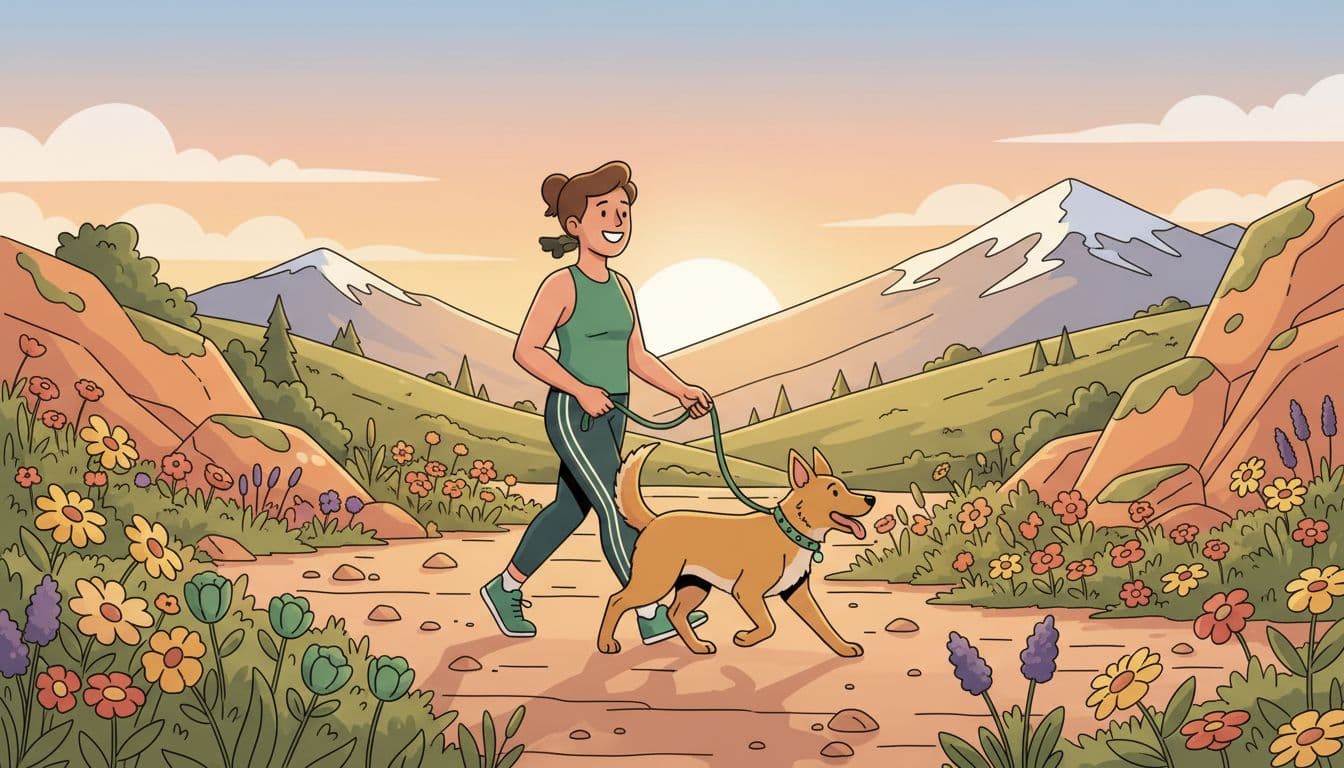 Modern illustration of a dog owner walking a leashed dog on a wide sunny trail surrounded by wildflowers and rocks, with foothills and distant peaks in the background under warm afternoon light.