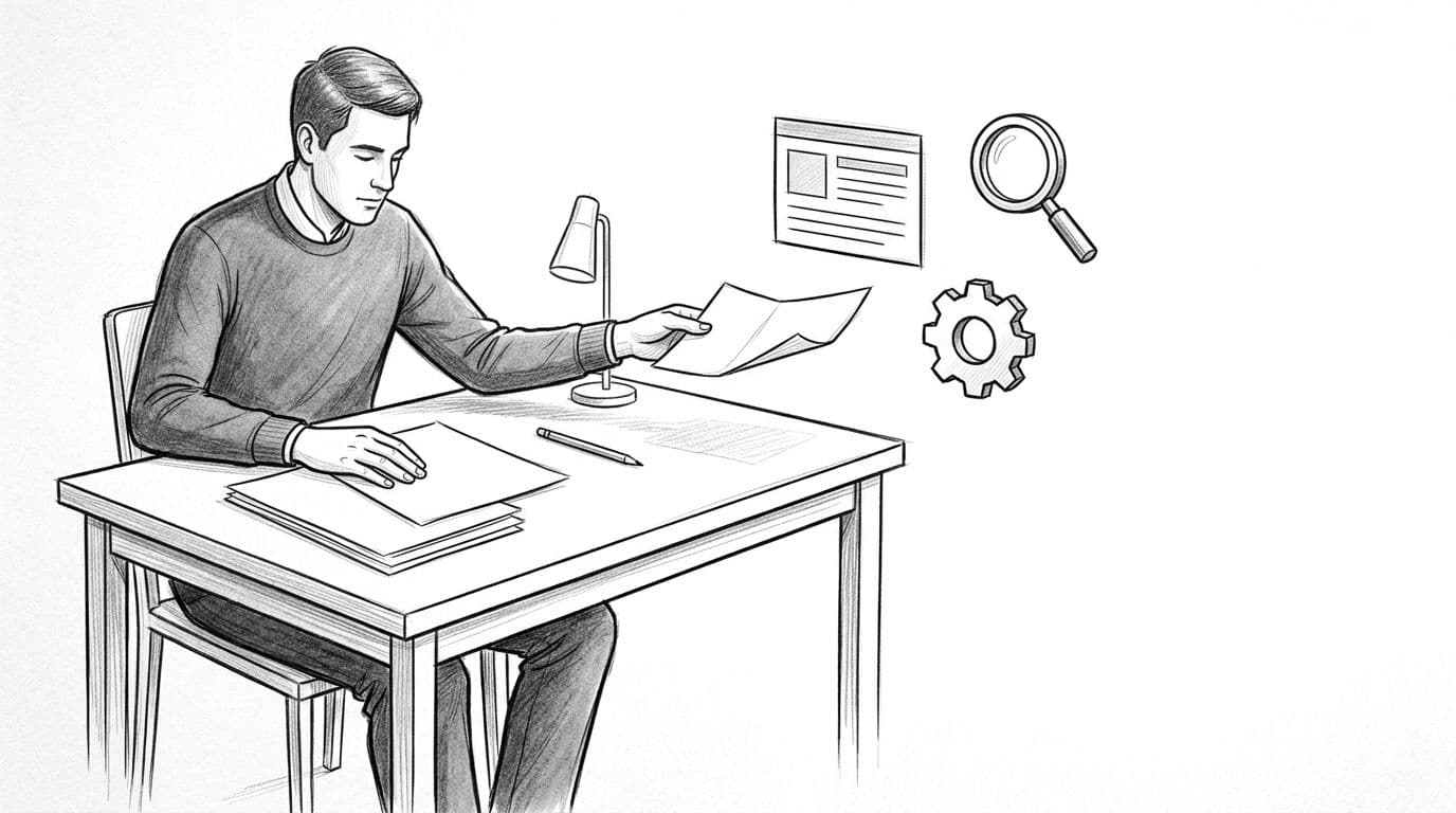 High-contrast black-and-white pencil illustration of an editor at a simple desk handing papers to three floating site icons, evoking a modern technical workflow with crisp linework and subtle texture.