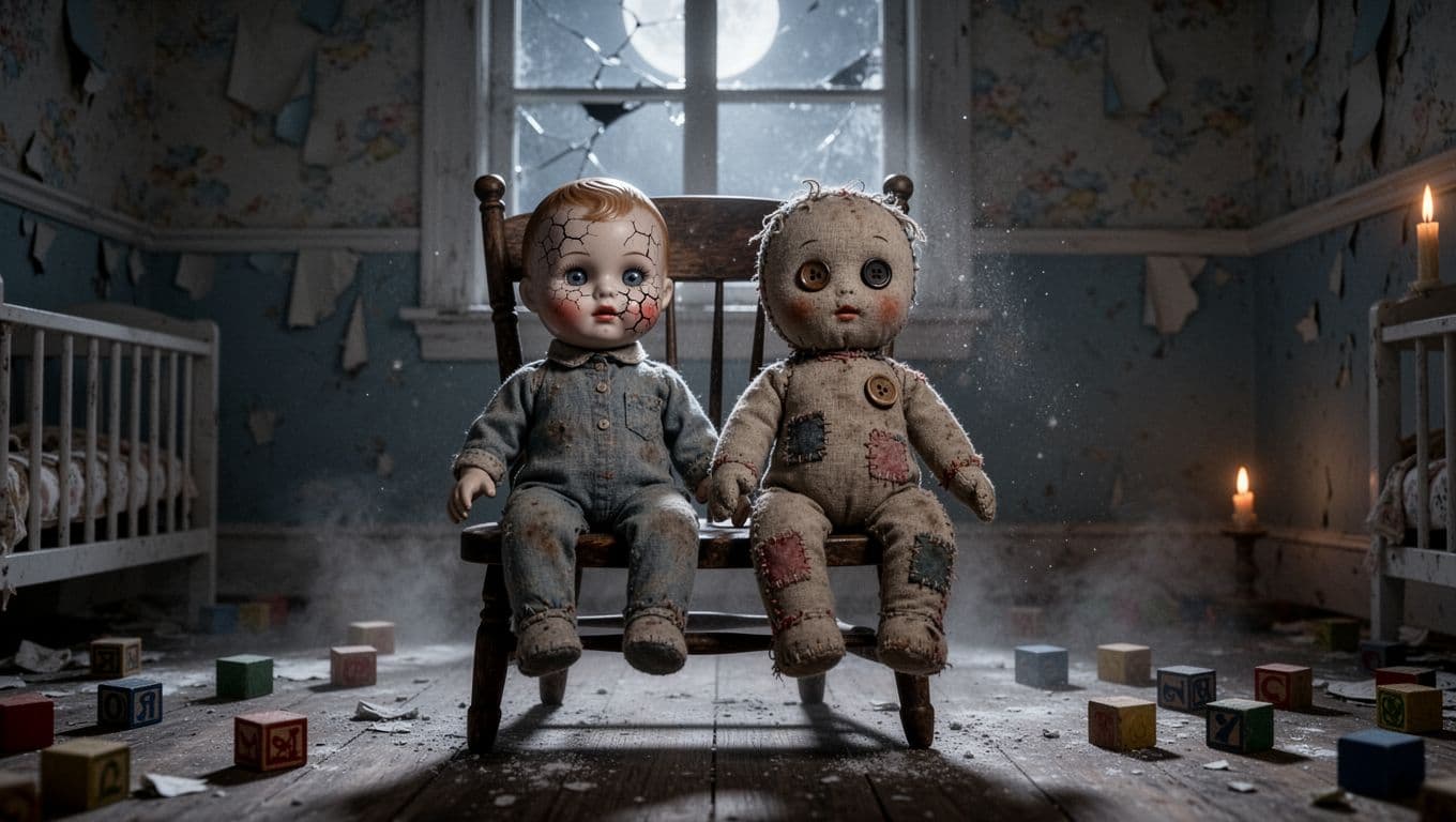 An atmospheric, eerie scene of exactly two creepy vintage dolls, a broken porcelain doll with a cracked face and a dirty cloth rag doll, sitting side-by-side on an old wooden rocking chair in a dimly lit abandoned nursery with dust motes in a beam of light and peeling wallpaper.