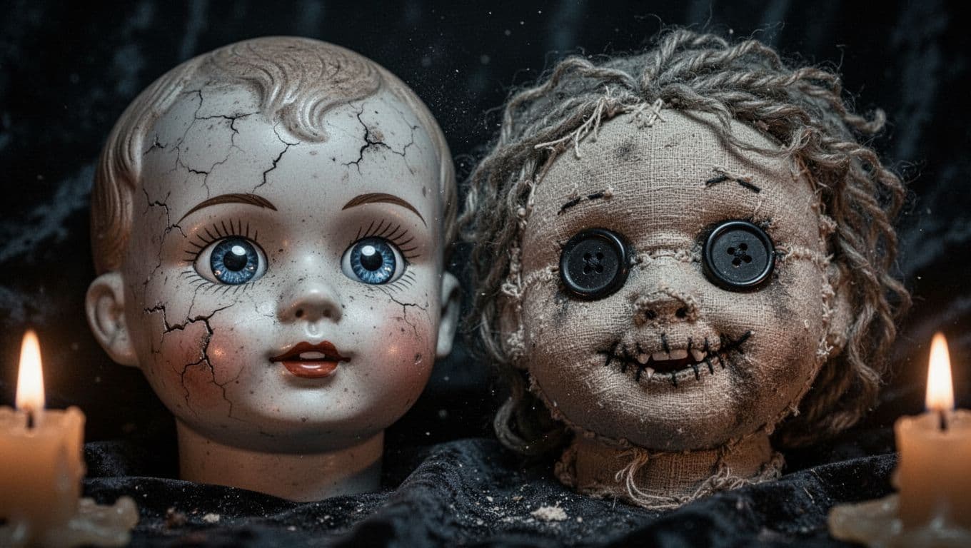 Atmospheric close-up of two creepy vintage dolls' faces side-by-side on dark velvet background in dim candlelight: cracked porcelain doll with glassy blue eyes on left, cloth rag doll with askew button eyes and stitched snarl on right.