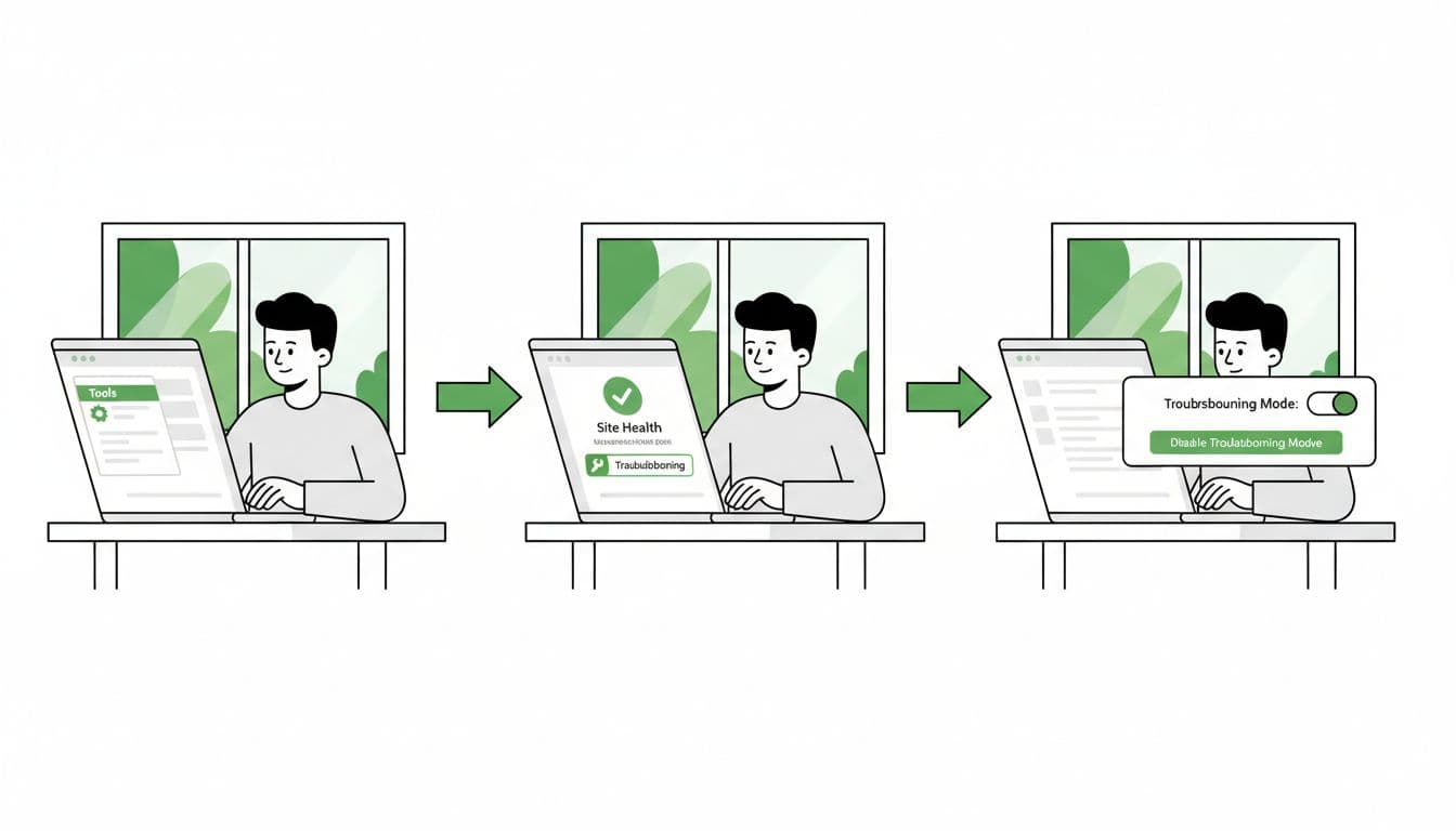 Modern illustration depicting a person at a desk enabling WordPress troubleshooting mode on a laptop, showing the sequence from Tools to Site Health to Troubleshooting button with clean shapes, thick lines, green accents, workflow arrows, and a simple office setting.
