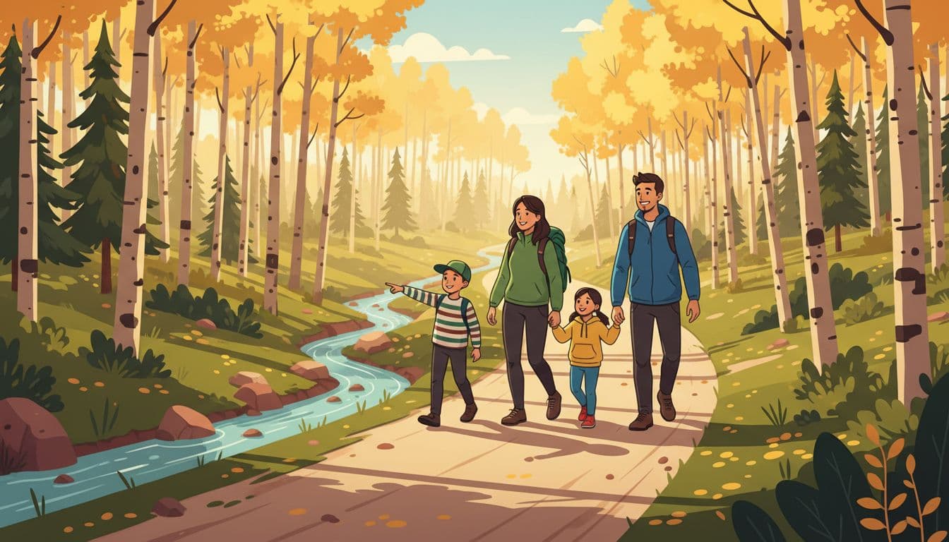 A family of four including two adults and two young kids hikes an easy wide dirt trail through golden aspen forest near Boulder, Colorado, with a small stream beside the path and one child pointing excitedly in sunny soft fall light.