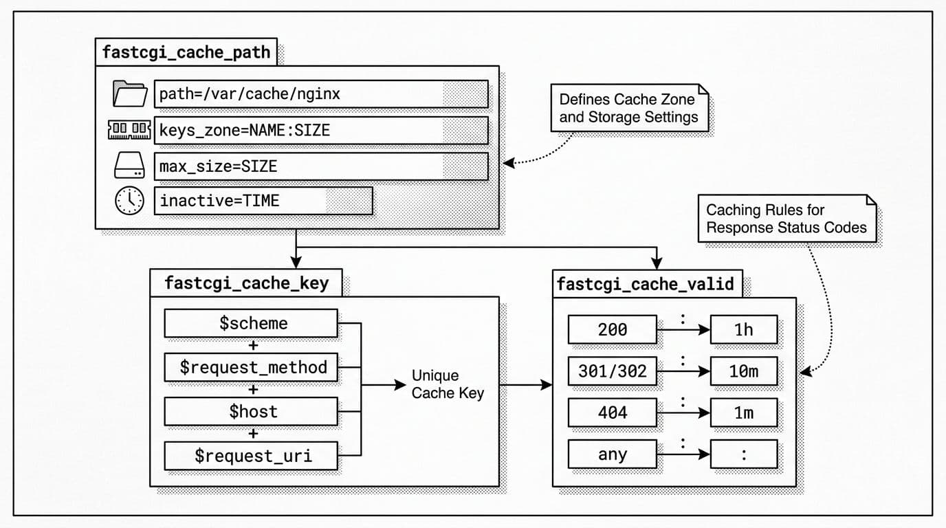 Black-and-white technical schematic diagram featuring blocks for fastcgi_cache_path, fastcgi_cache_key, and fastcgi_cache_valid directives connected by arrows with minimal callouts.