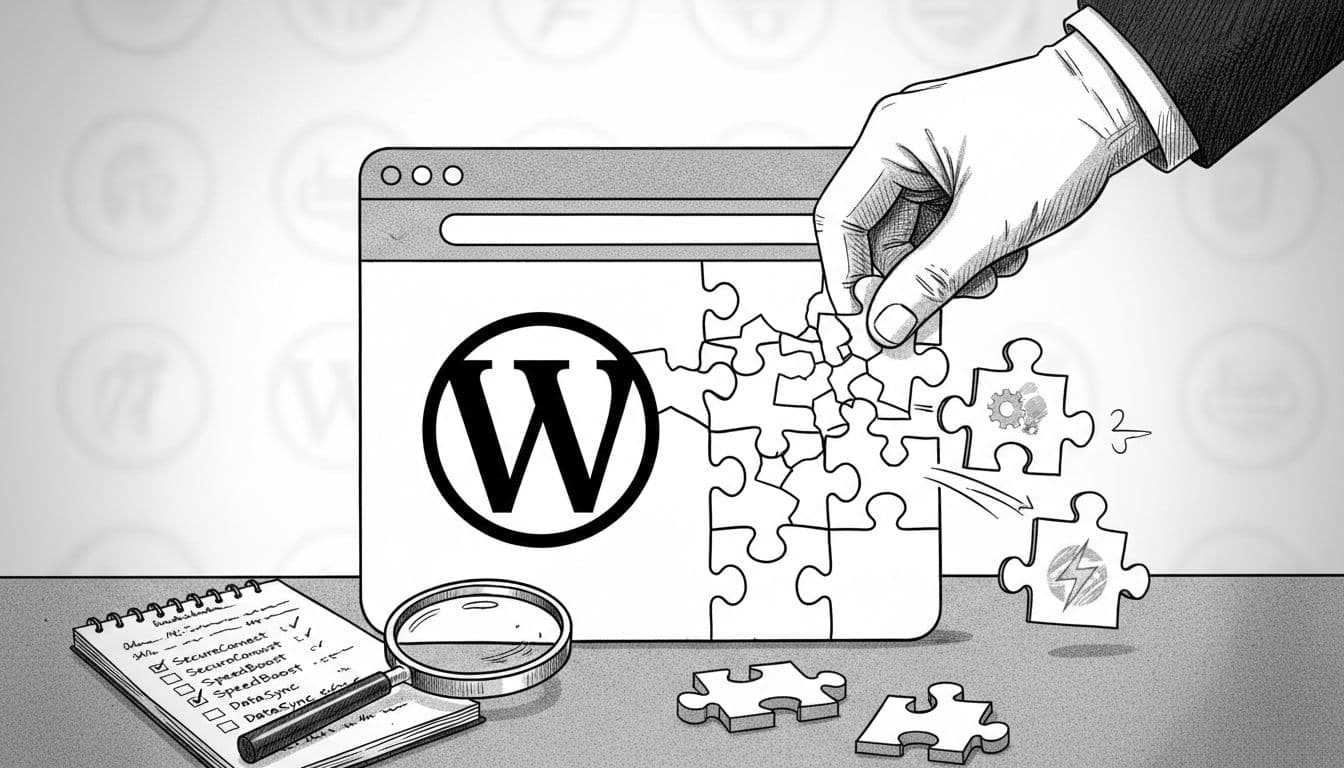 High-contrast black-and-wite ink illustration of a WordPress website silhouette as a crumbling jigsaw puzzle due to a cracked plugin piece, repaired by a gloved hand amid detective notes and admin dashboard glow.