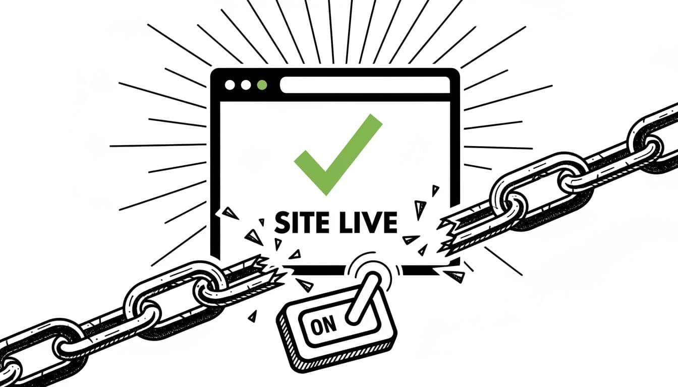 High-contrast black-and-white ink drawing illustration depicting a broken chain snapping open, power switch flipping on, and a browser window lighting up with a green 'Site Live' checkmark, symbolizing recovery from WordPress maintenance mode after an update.