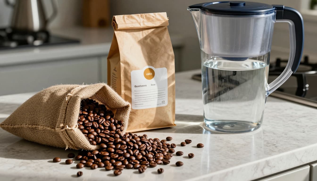 Realistic kitchen countertop cluttered with fresh whole coffee beans spilling from a burlap sack, a specialty coffee bag with roast date, and a water filter pitcher, illuminated by warm morning sunlight.