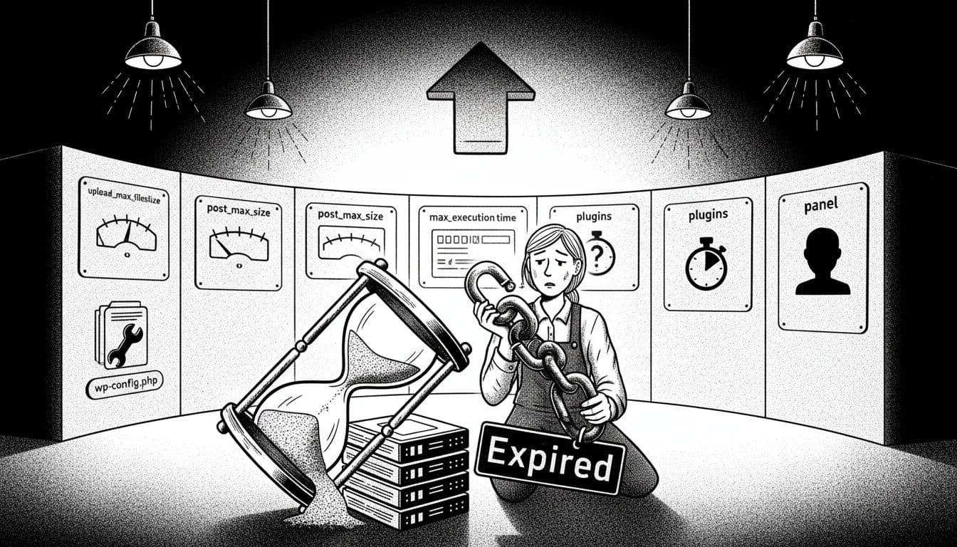 Black-and-white high-contrast ink/linocut illustration depicting a gender-neutral web admin frustrated with a broken 'Expired' chain link and leaking hourglass over a server rack in a vintage WordPress dashboard control room. Background includes symbolic panels for PHP settings like upload_max_filesize, memory_limit, and plugins.