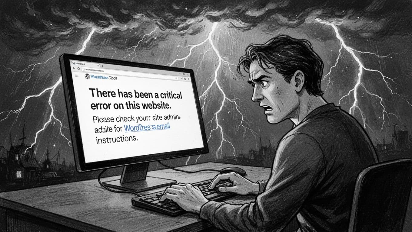 Black-and-white high-contrast ink illustration depicting a frustrated person at a desk intensely staring at a laptop screen displaying the WordPress critical error message, set against a dramatic stormy night sky with lightning bolts.