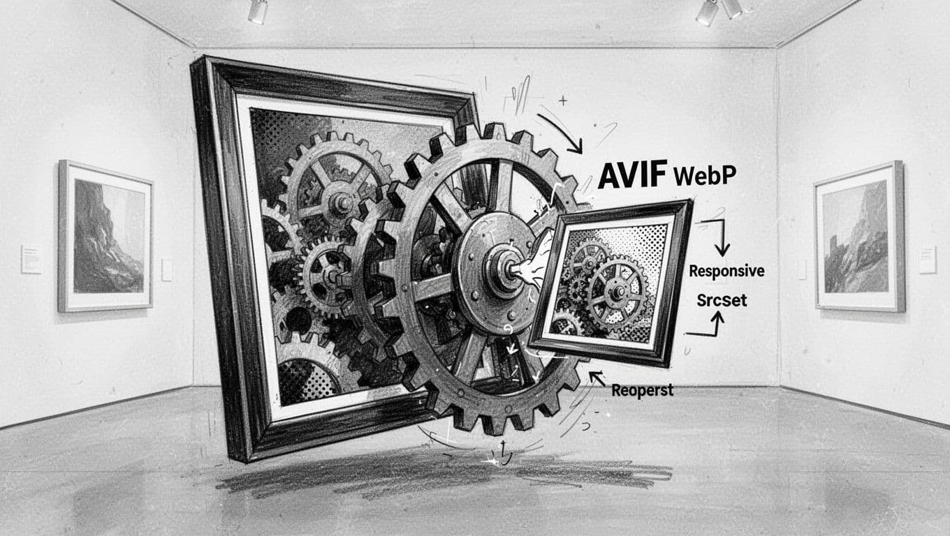 High-contrast black-and-white illustration of an oversized photo frame being squeezed by industrial gears into a smaller sharp frame, featuring AVIF and WebP labels with responsive srcset arrows. Subtle halftone texture on images against an empty gallery wall background.
