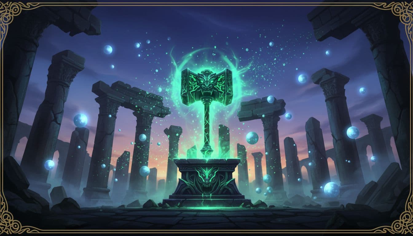 High-fantasy landscape illustration of a powerful MMORPG raid weapon glowing with green energy on a pedestal in ancient palace ruins, lit by floating orbs with energy particles and dramatic side lighting. Semi-realistic digital art featuring high detail, cinematic lighting, sharp focus, and vibrant colors.
