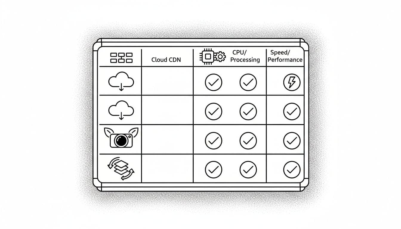 High-contrast ink pen line art illustration of a stylized comparison table as a board for WordPress plugins, with rows and columns featuring checkmarks and icons for cloud CDN, CPU chip, lightning bolt speed, camera optimization for WebP/AVIF, lazy load, and bulk optimization.