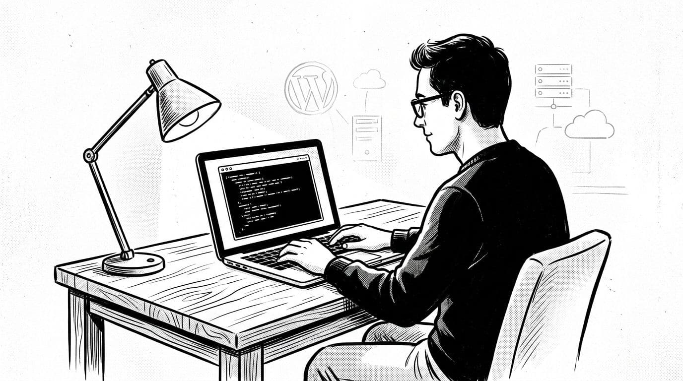 Black-and-white ink illustration of a single person relaxed at a wooden desk in a home office, hands on laptop keyboard with terminal showing abstract php.ini OPcache lines, subtle lamp light and faint server WordPress icons in background.