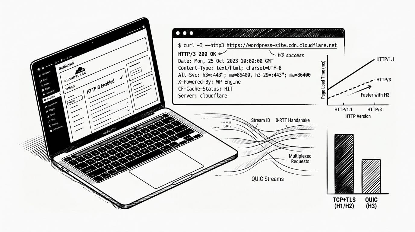 Black-and-white minimalist vector illustration of a terminal screen showing curl command output for HTTP/3 alt-svc h3 success, graphs illustrating speed improvements on a WordPress site via Cloudflare, with a propped open laptop and subtle QUIC streams on a clean white background.