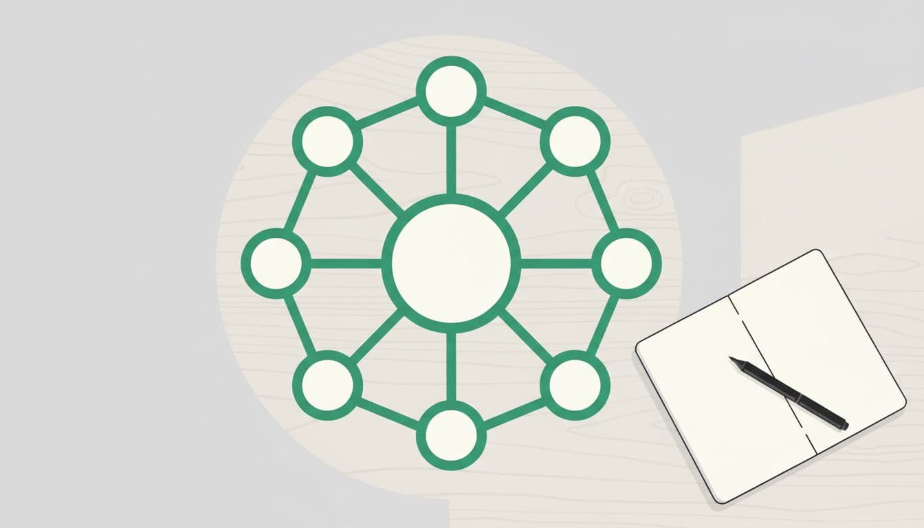 Modern illustration of a hub and spoke content map for blogging: central main guide post circle surrounded by 8 supporting posts connected by lines, on a light desk with notebook and pen, top-down view with bright natural lighting.