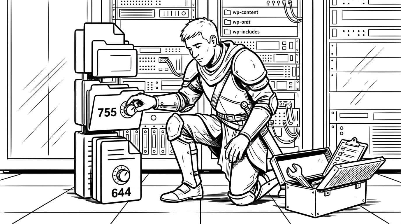 Black-and-white high-contrast ink illustration of a technician knight kneeling by server files, adjusting dials on a folder icon set to 755 and file icon to 644, with an open toolkit nearby and subtle WordPress folders in a server rack background.