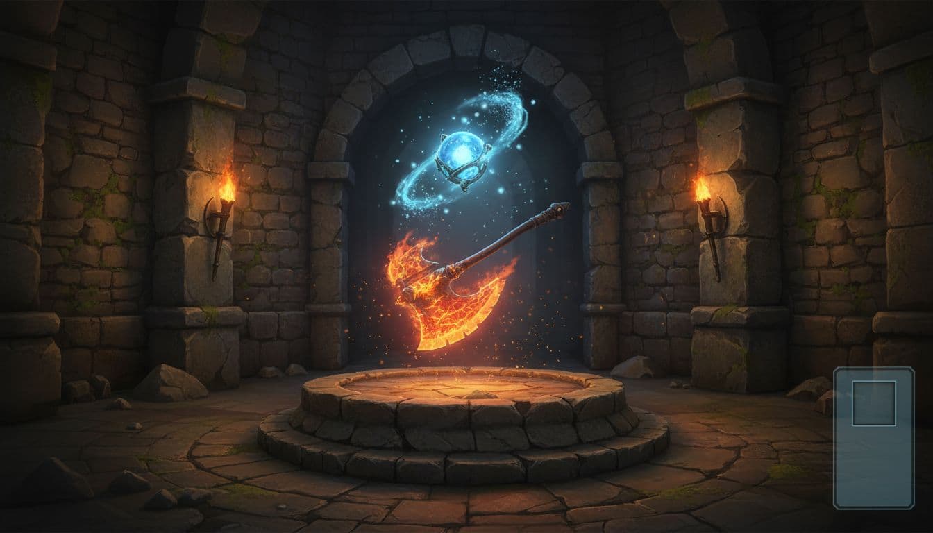 High-fantasy 16:9 landscape illustration of a glowing blue trinket and fiery axe floating above a stone pedestal in a torch-lit dungeon chamber, with magical particle effects and cinematic lighting.