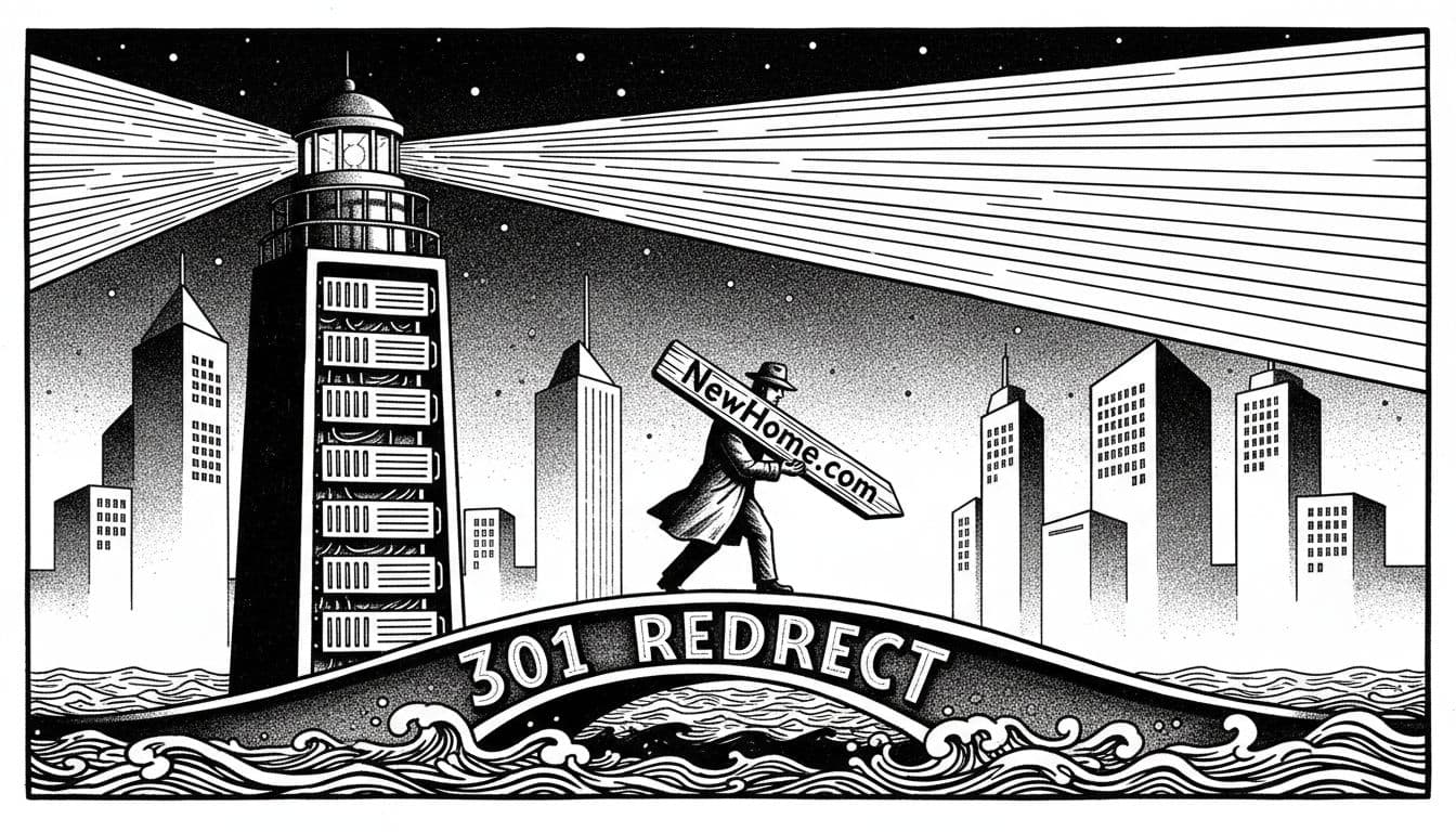 In a high-contrast black-and-white ink/linocut style, a lighthouse beam guides a worker carrying a server rack and domain signpost across a bridge labeled '301 Redirect', symbolizing seamless WordPress site relocation to a new URL without downtime.